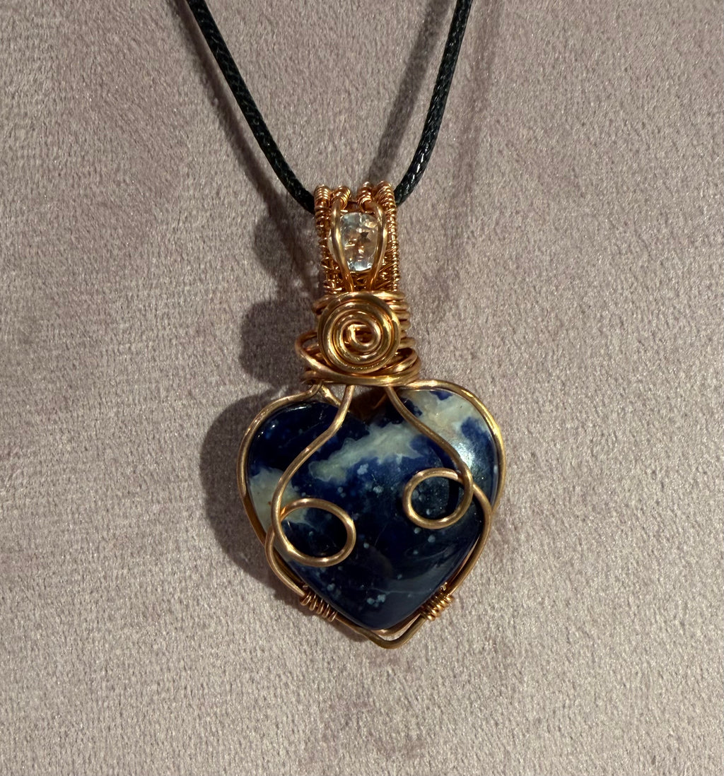 Sodalite heart & white topaz copper wire-wrapped pendant
