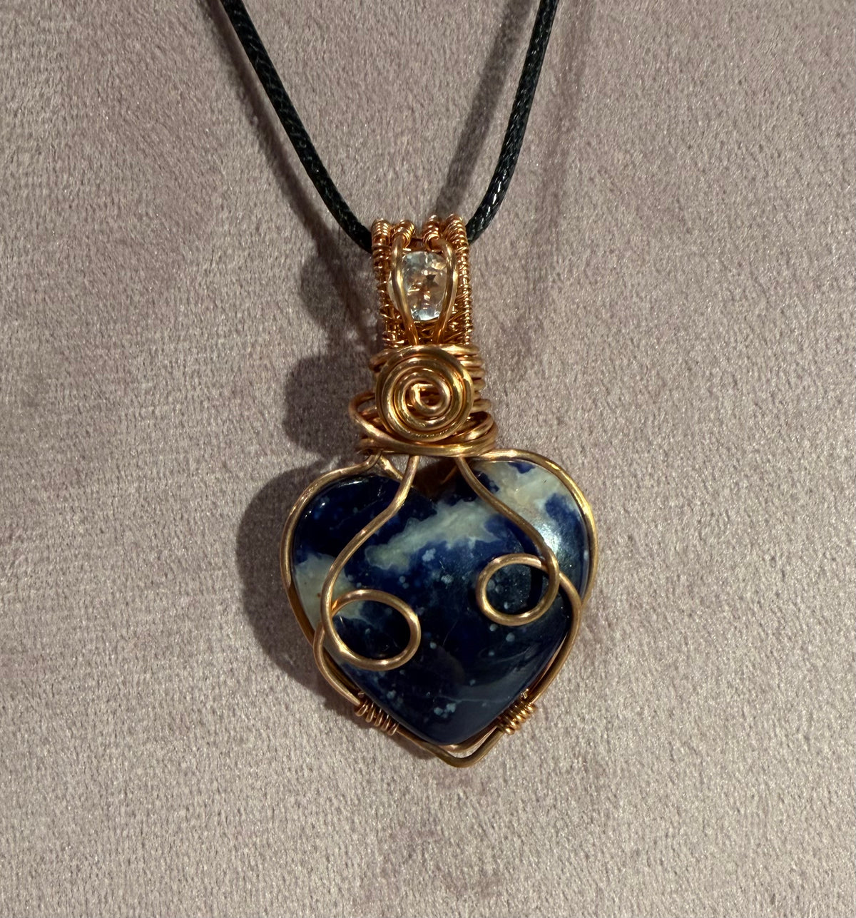 Sodalite heart & white topaz copper wire-wrapped pendant