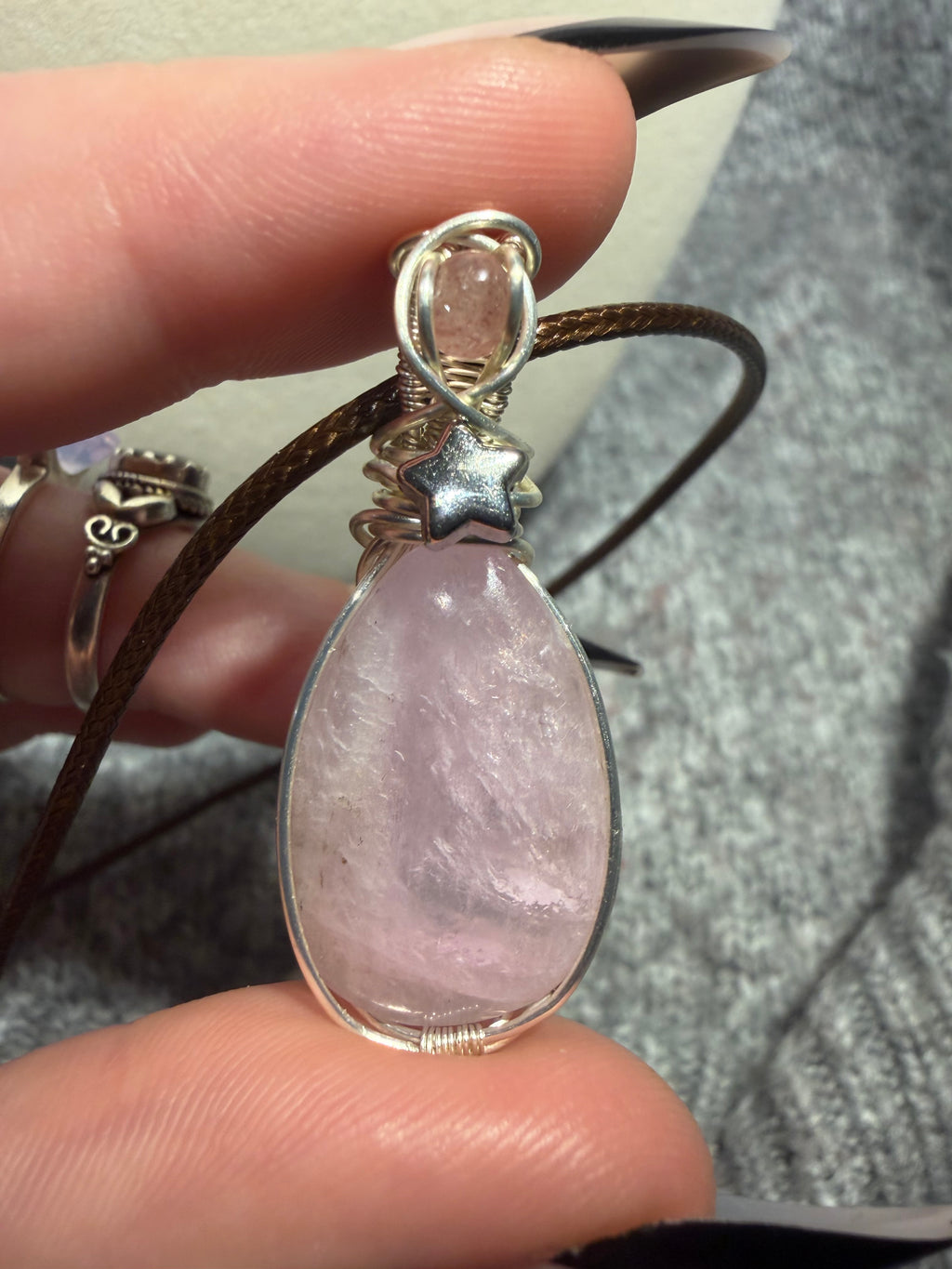 Kunzite & Strawberry Quartz silver-tone copper wire-wrapped necklace