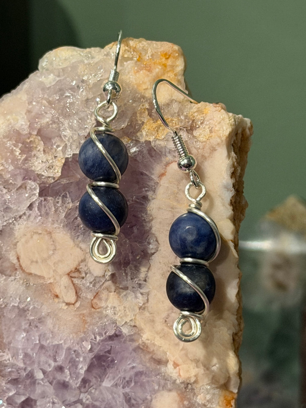Double Sodalite silver-tone copper wire-wrapped earrings