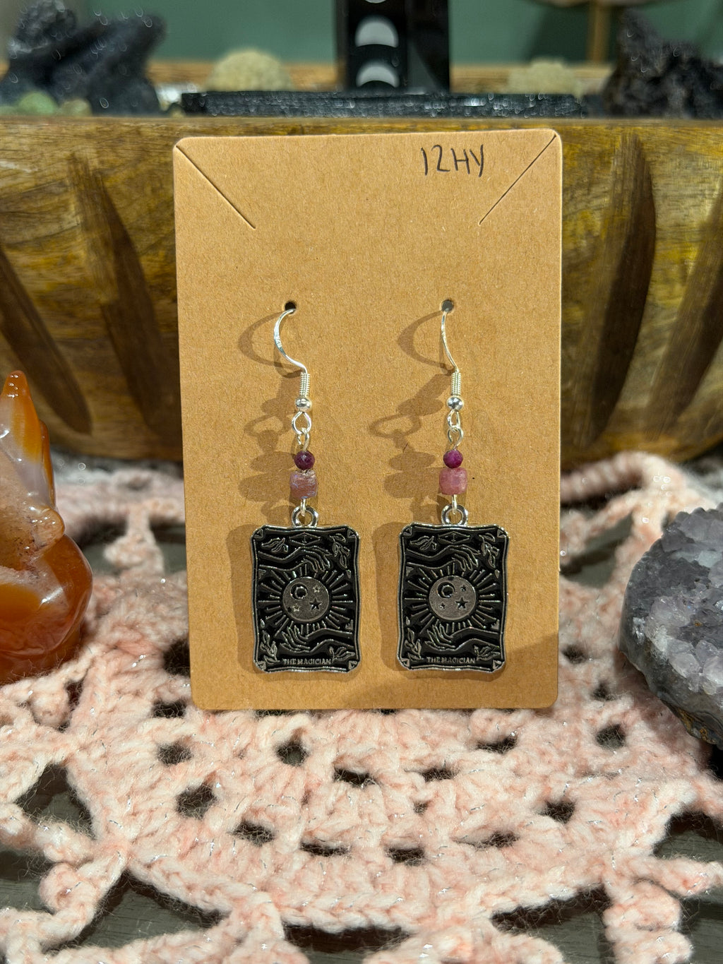 Mystic coated Pink Tourmaline & Ruby tarot card earrings