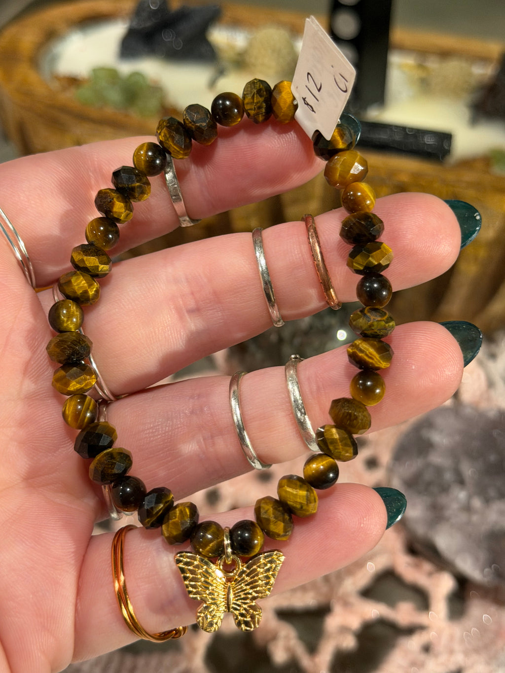 faceted Tiger's Eye 7-inch stretchy bracelet with butterfly charm