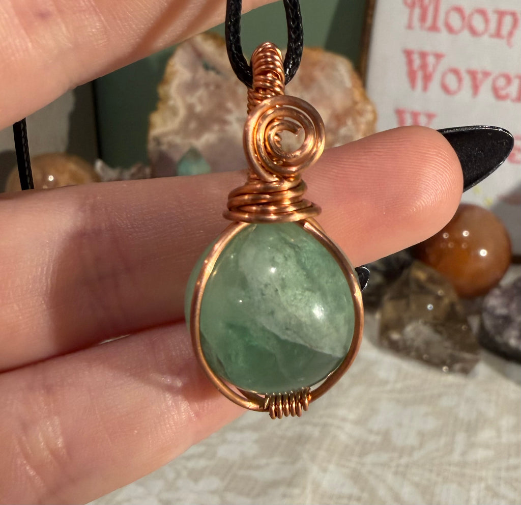 Fluorite mini sphere copper wire-wrapped pendant