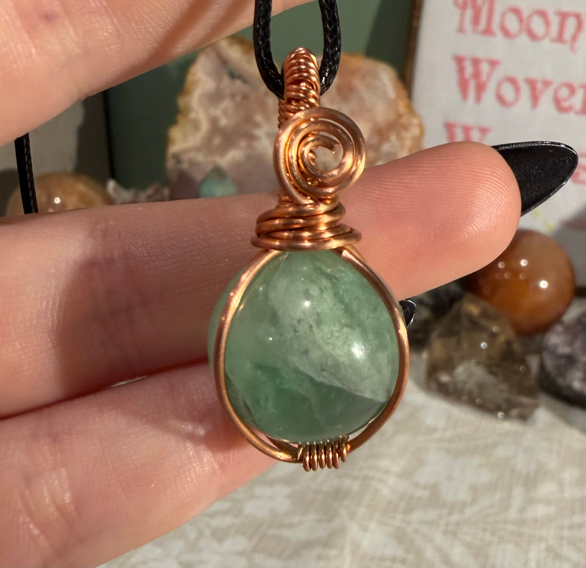 Fluorite mini sphere copper wire-wrapped pendant
