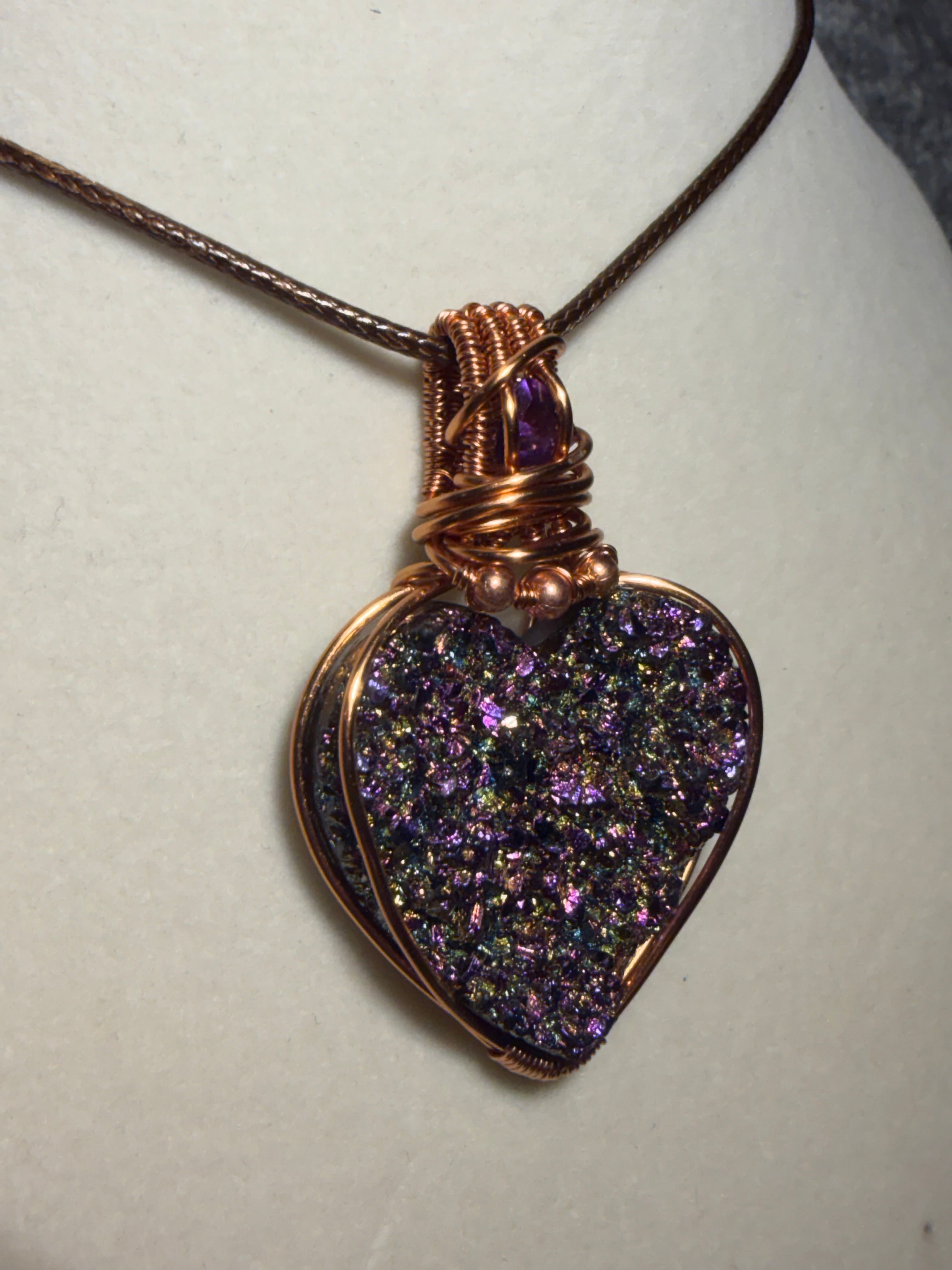 Titanium Aura Druzy Heart & Amethyst facet copper wire-wrapped pendant
