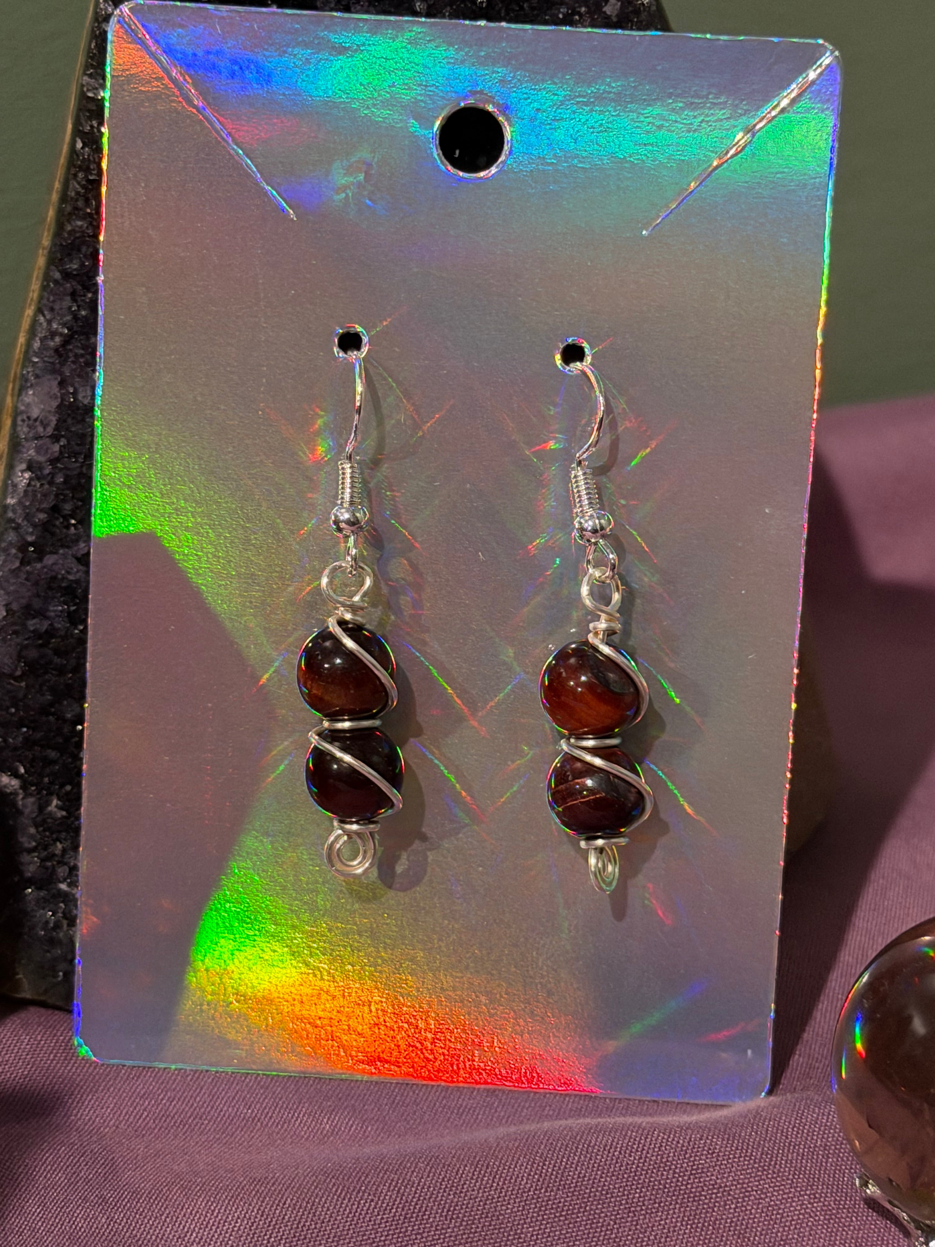 Double Red Tiger's Eye silver-tone copper wire-wrapped earrings