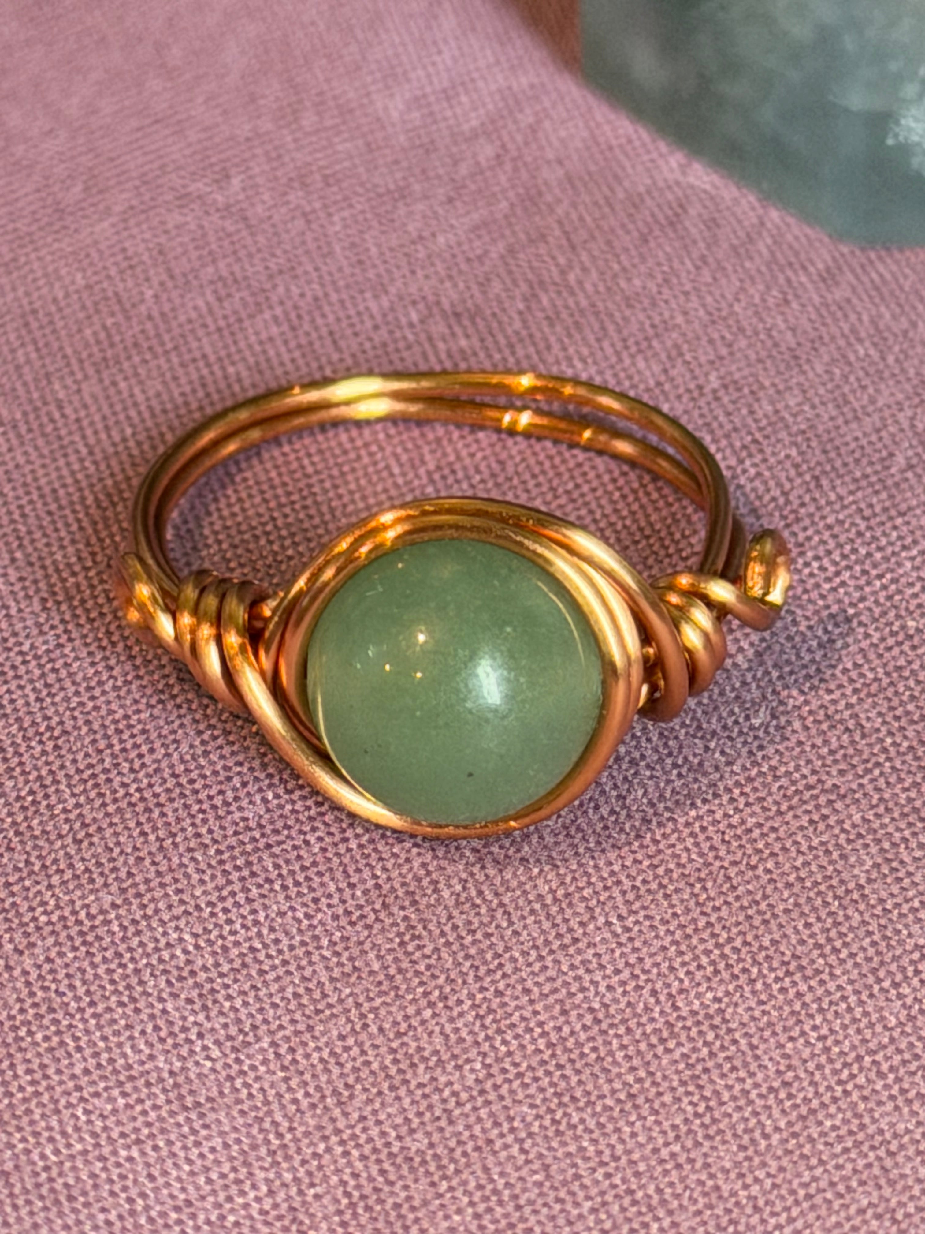 Green Aventurine size 6 copper wire-wrapped ring