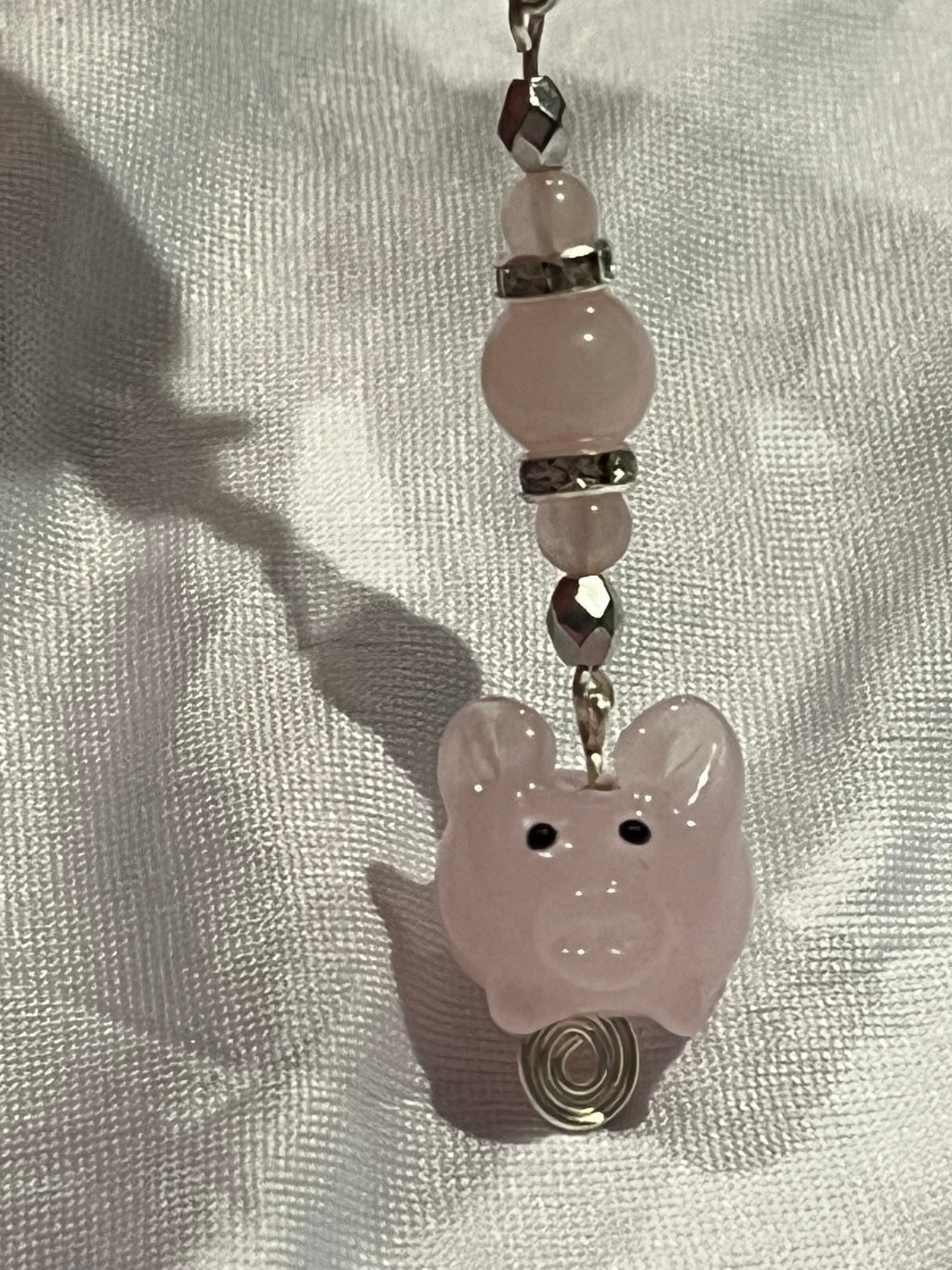 Rose Quartz & glass pig beaded silver-tone wire wrapped keychain/purse charm