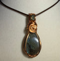Green & Blue Flash Labradorite & Green Tourmaline copper wire-wrapped pendant