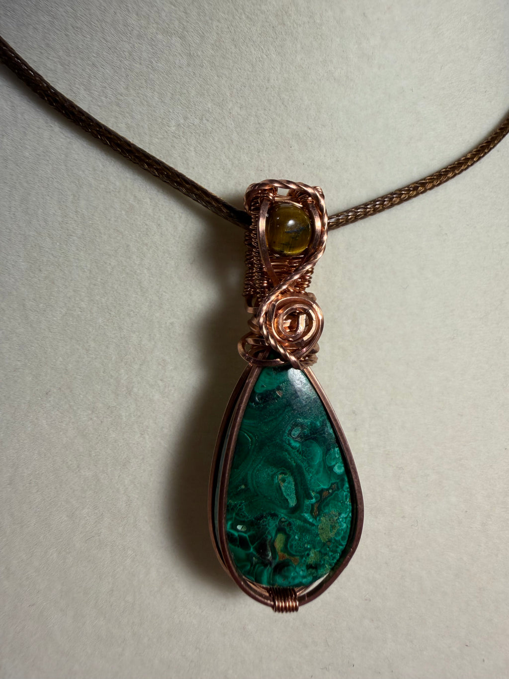 Malachite & Tiger's Eye copper wire-wrapped pendant