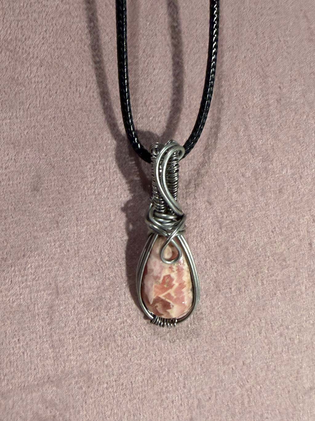 Rhodochrosite stainless steel wire-wrapped pendant