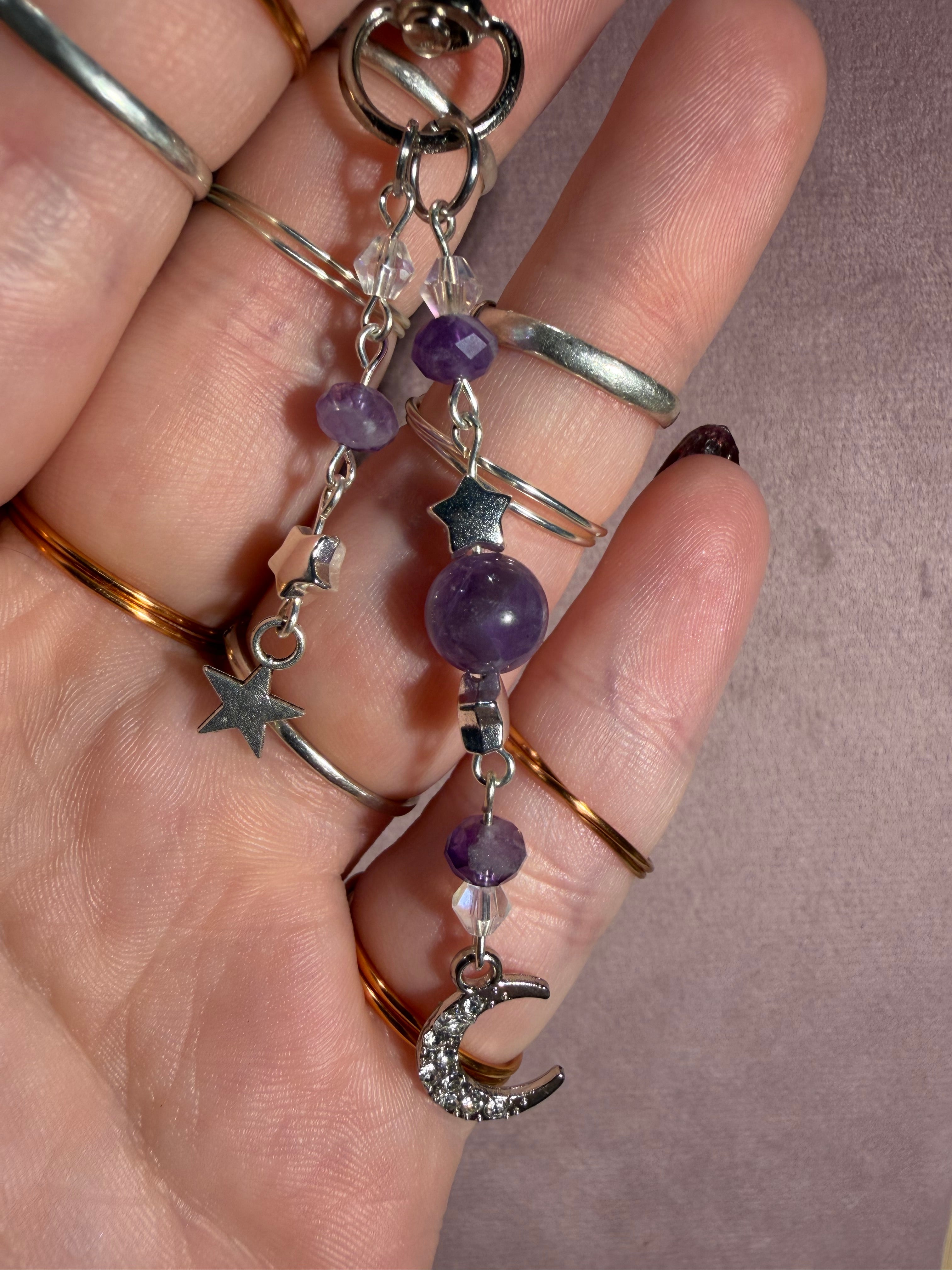 Amethyst moon & star keychain