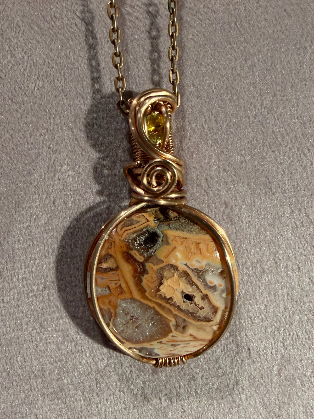 Pink Stick Agate & Citrine copper wire-wrapped pendant