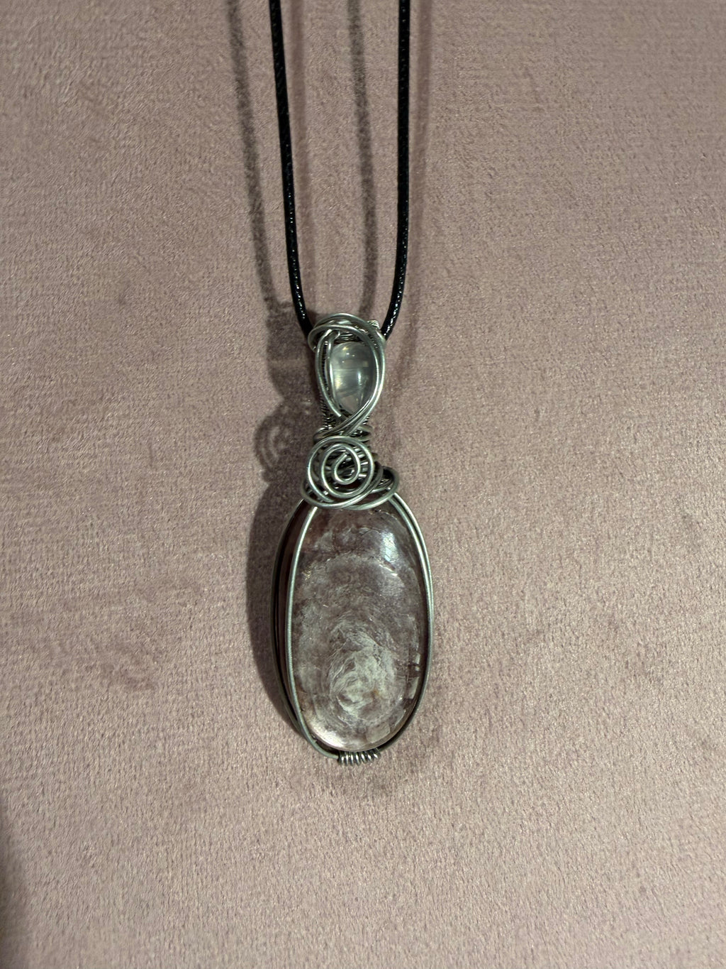Lepidolite & Rose Quartz stainless steel wire-wrapped pendant