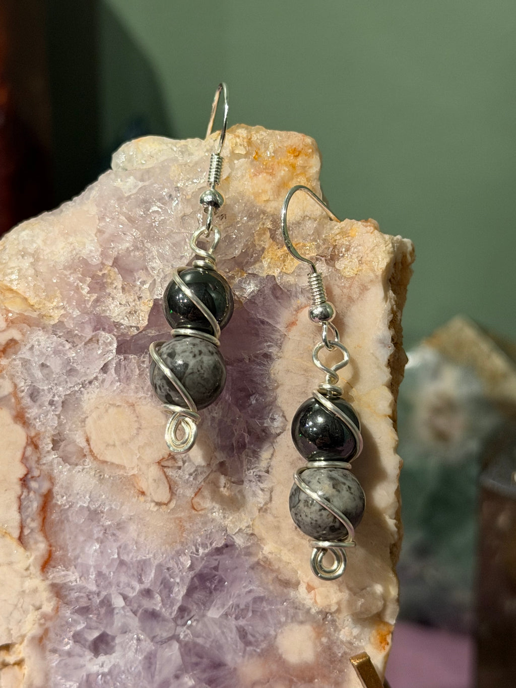 Hematite & Picasso Jasper silver-tone copper wire-wrapped earrings