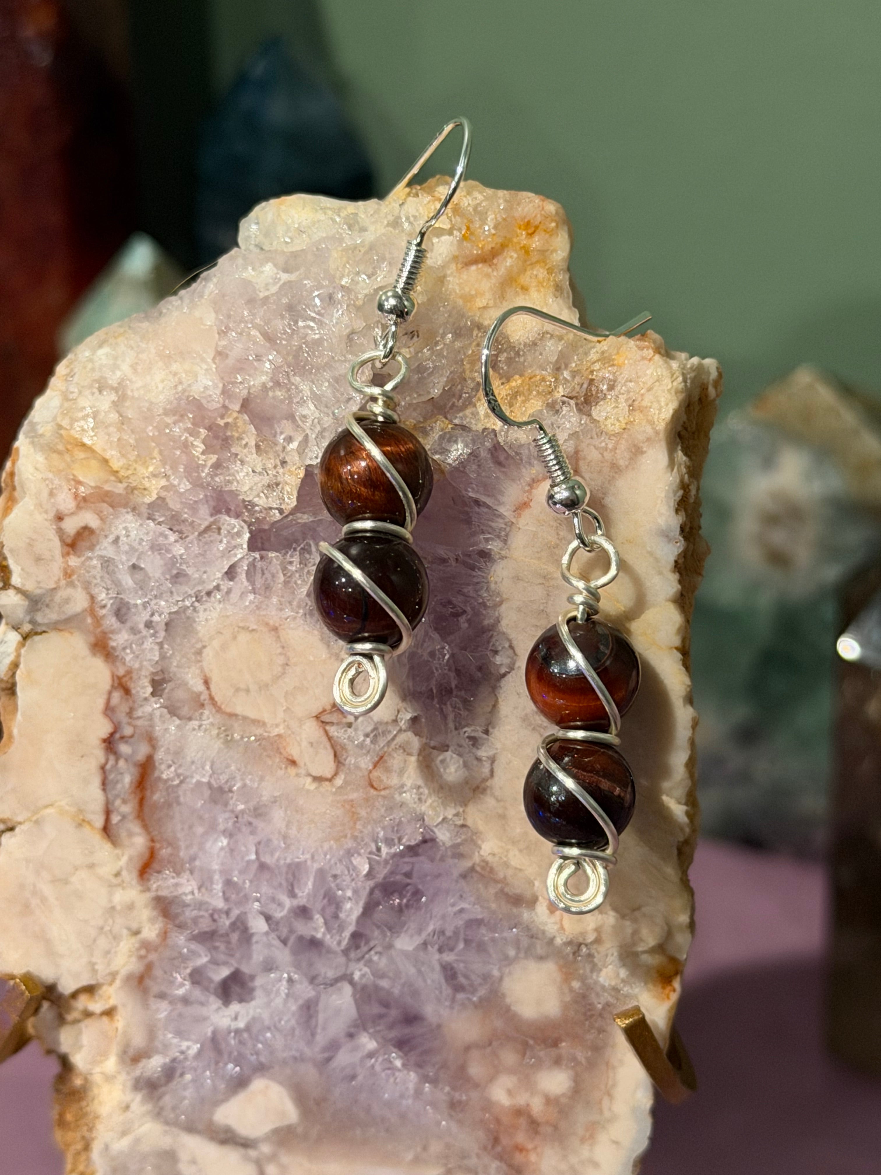 Double Red Tiger's Eye silver-tone copper wire-wrapped earrings