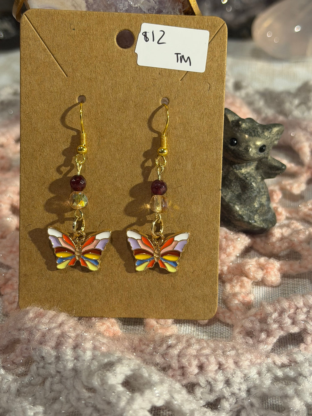 Garnet & Glass beaded butterfly dangle earrings
