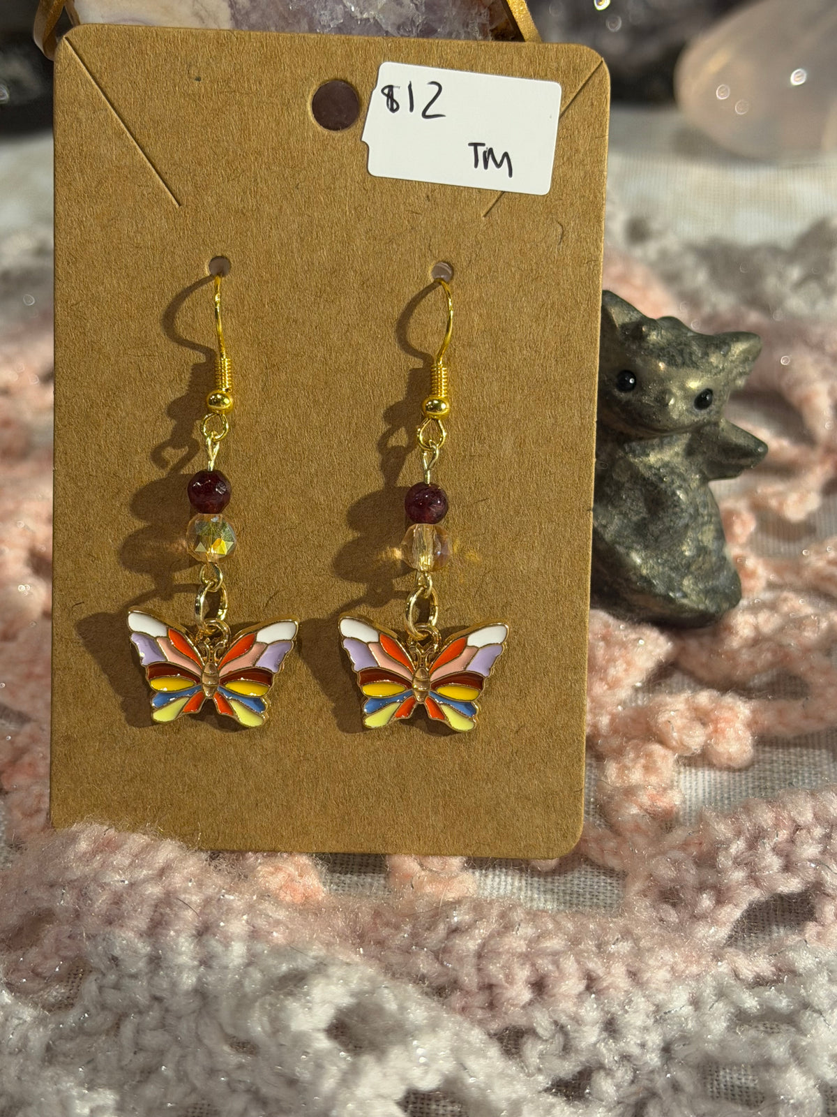 Garnet & Glass beaded butterfly dangle earrings