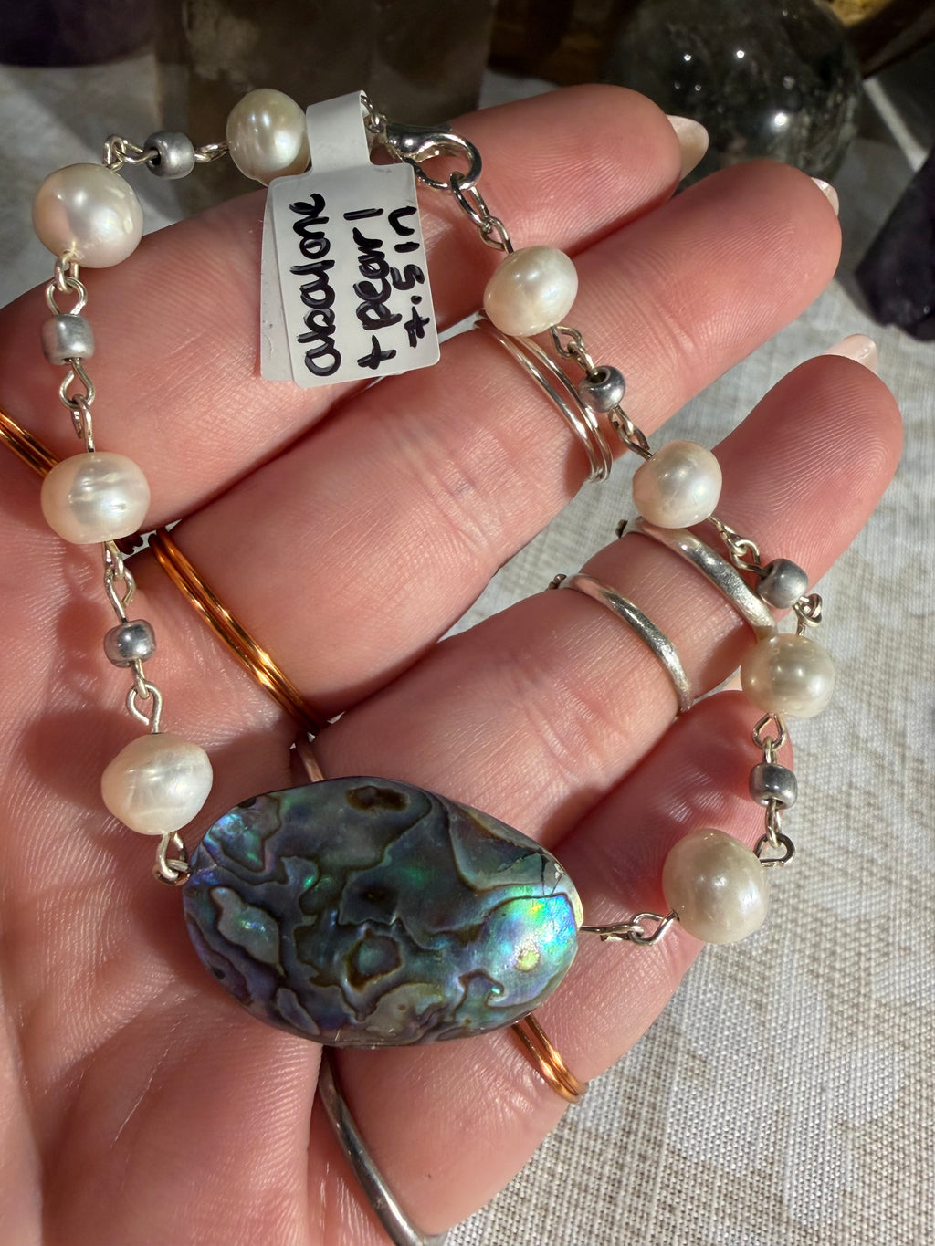 Silver-tone wire Abalone shell & Freshwater Pearl 7.5 inch bracelet