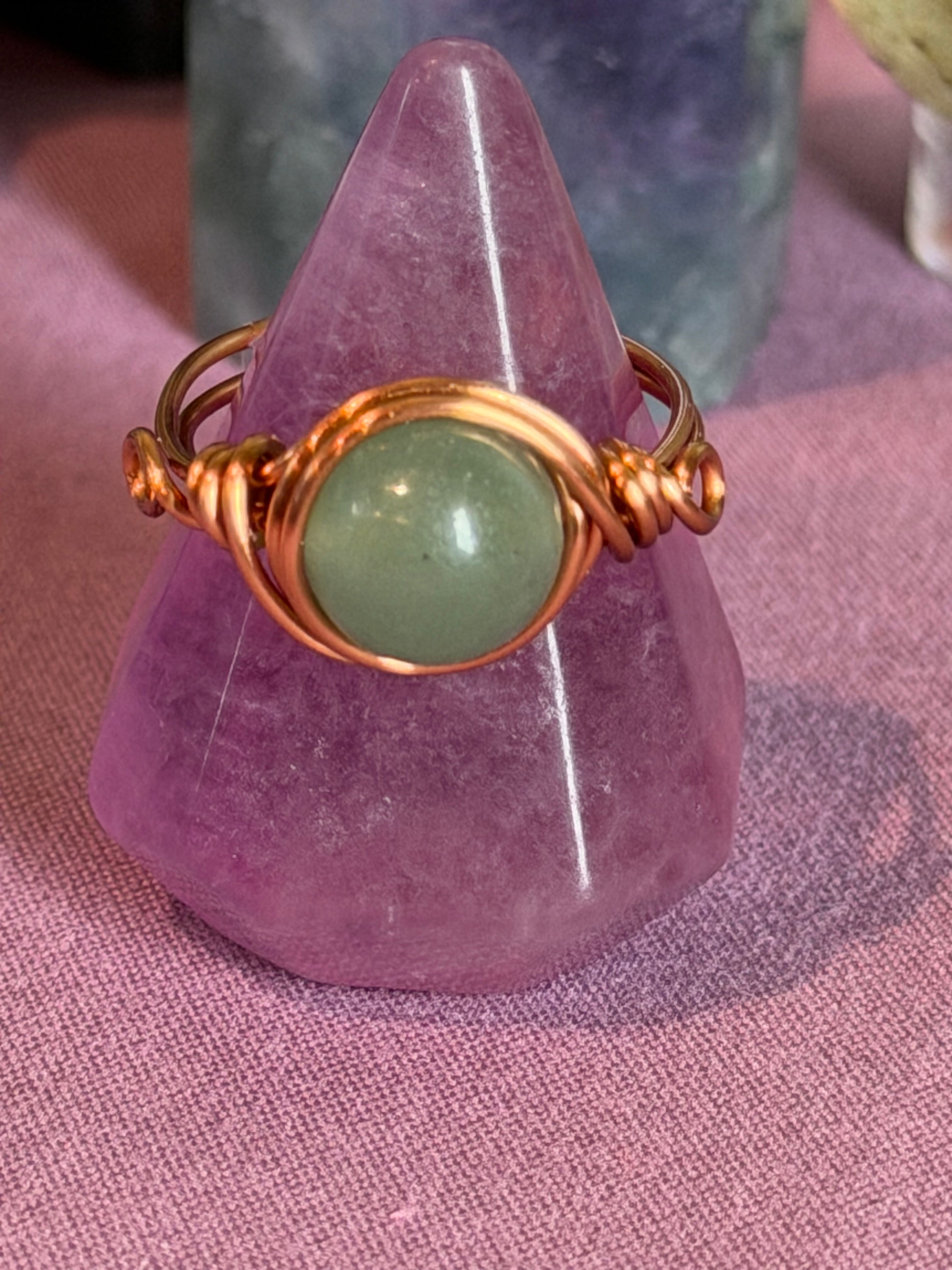 Green Aventurine size 6 copper wire-wrapped ring