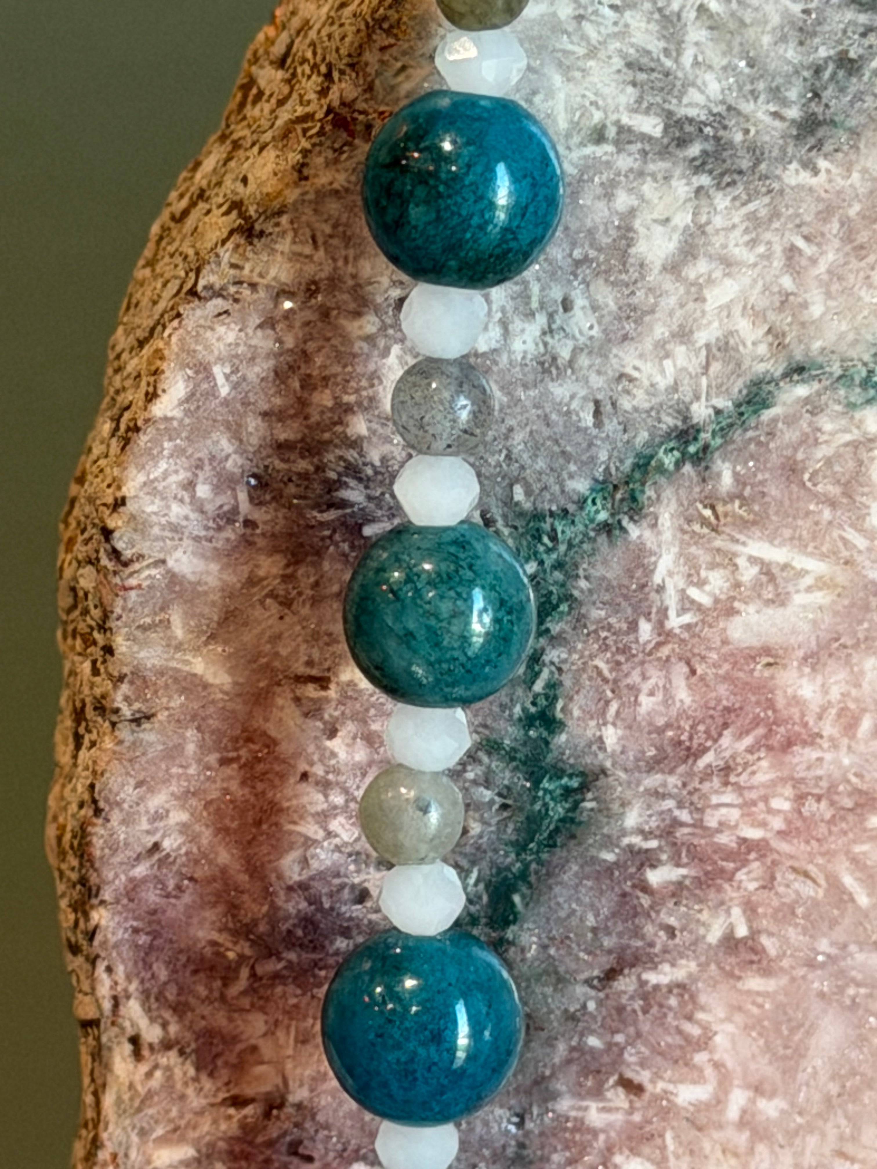 Blue Apatite, Labradorite & white glass beaded necklace
