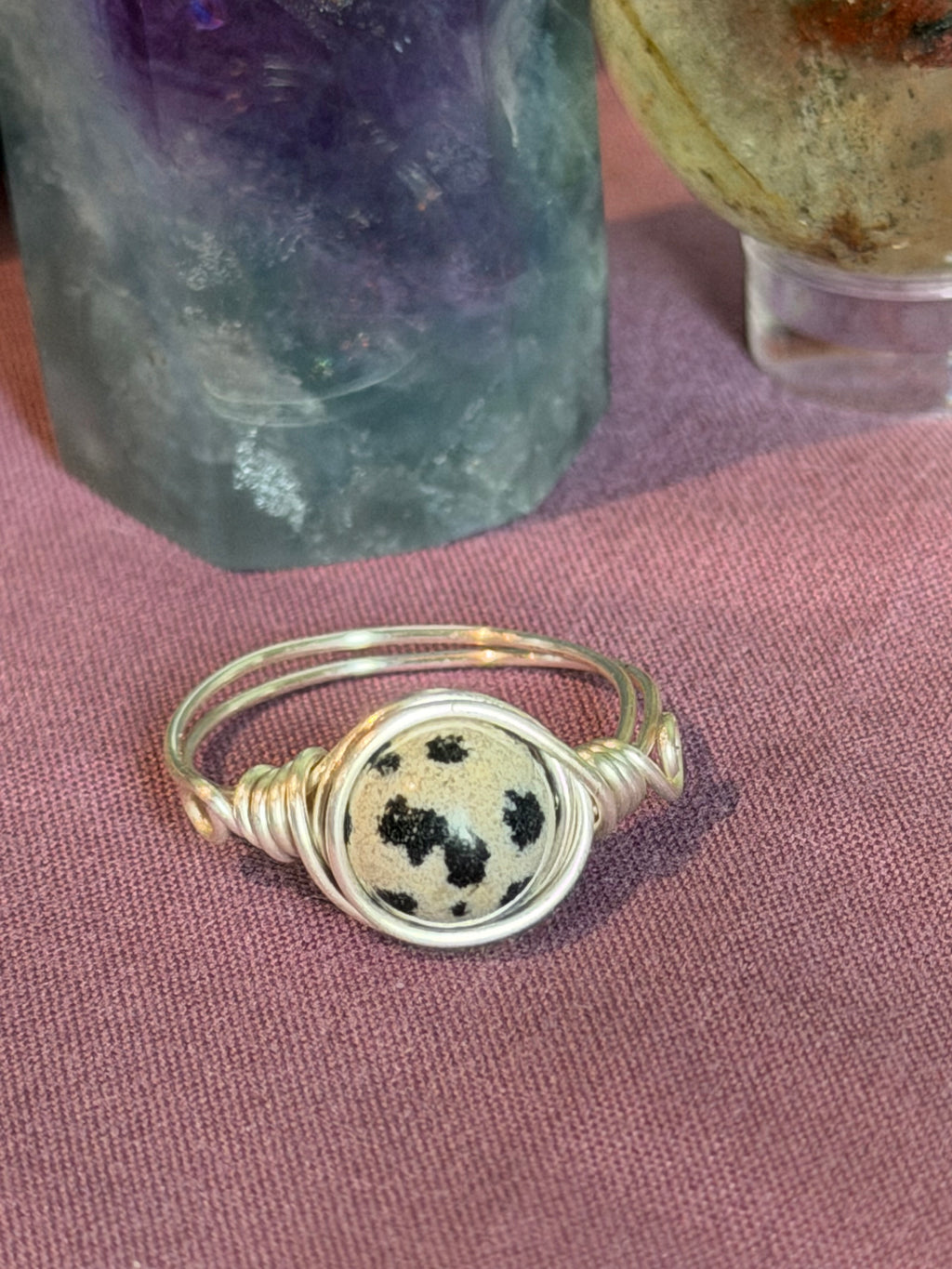 Dalmatian Jasper size 7 silver-tone copper wire-wrapped ring