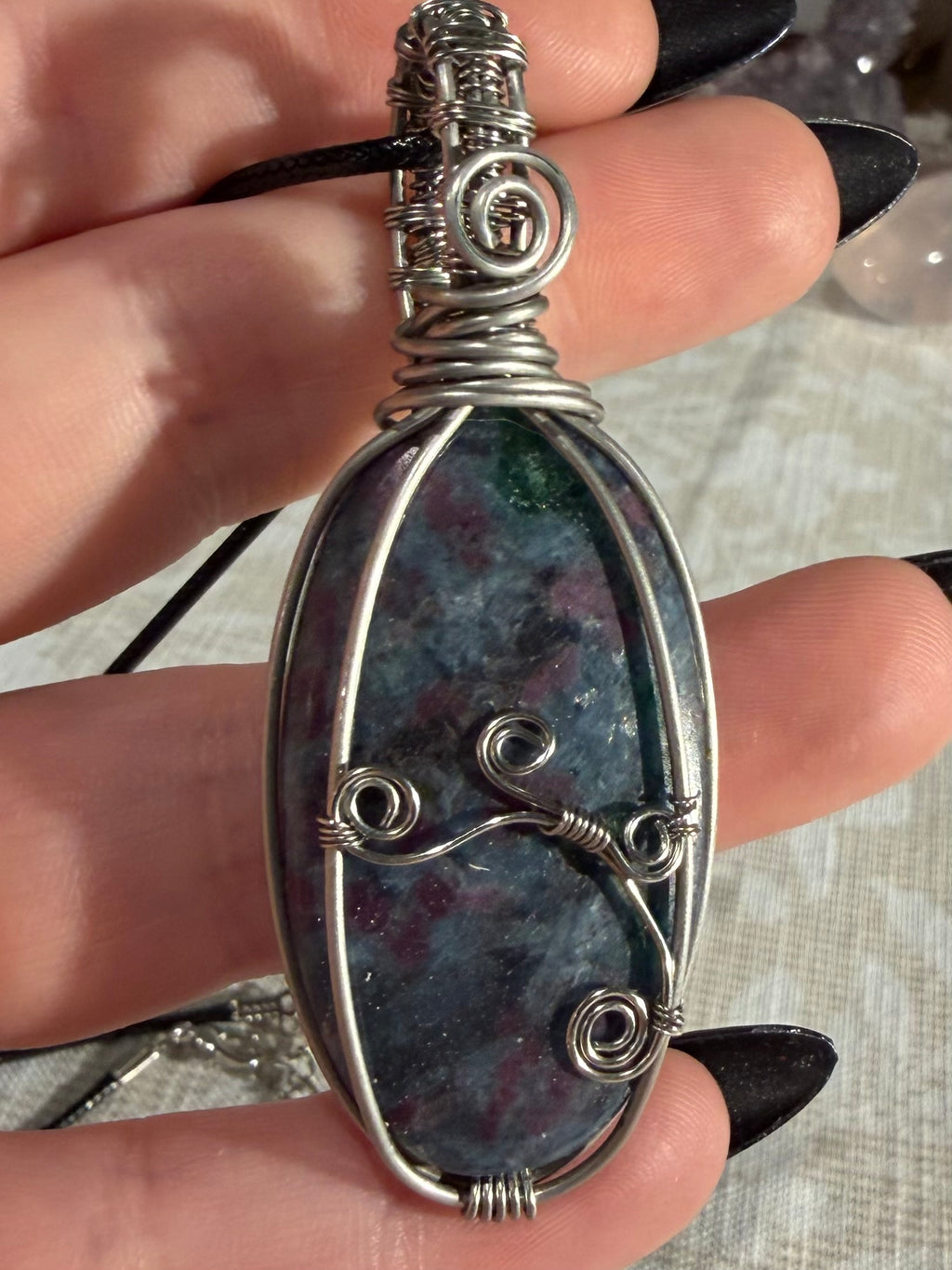 Ruby, Fuschite & Kyanite stainless steel wire-wrapped pendant