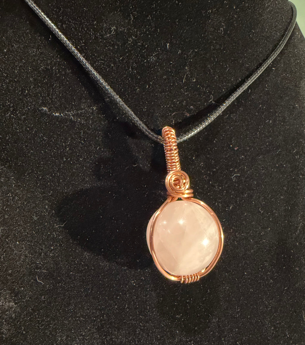 Rose Quartz mini sphere copper wire-wrapped pendant
