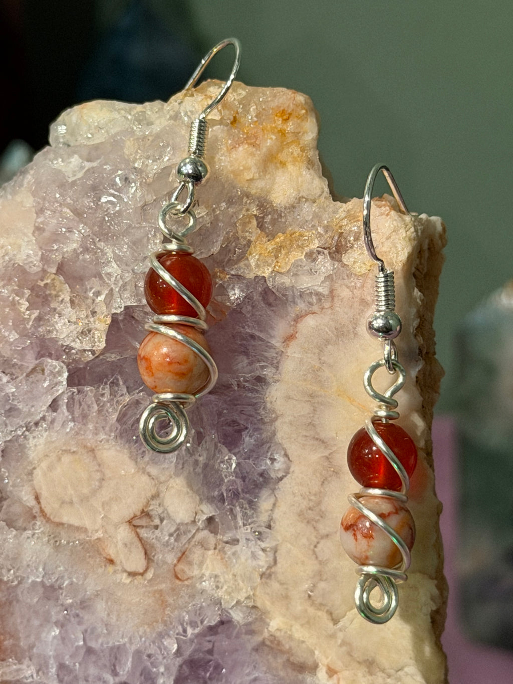 Red Network Jasper & Red Agate silver-tone copper wire-wrapped earrings