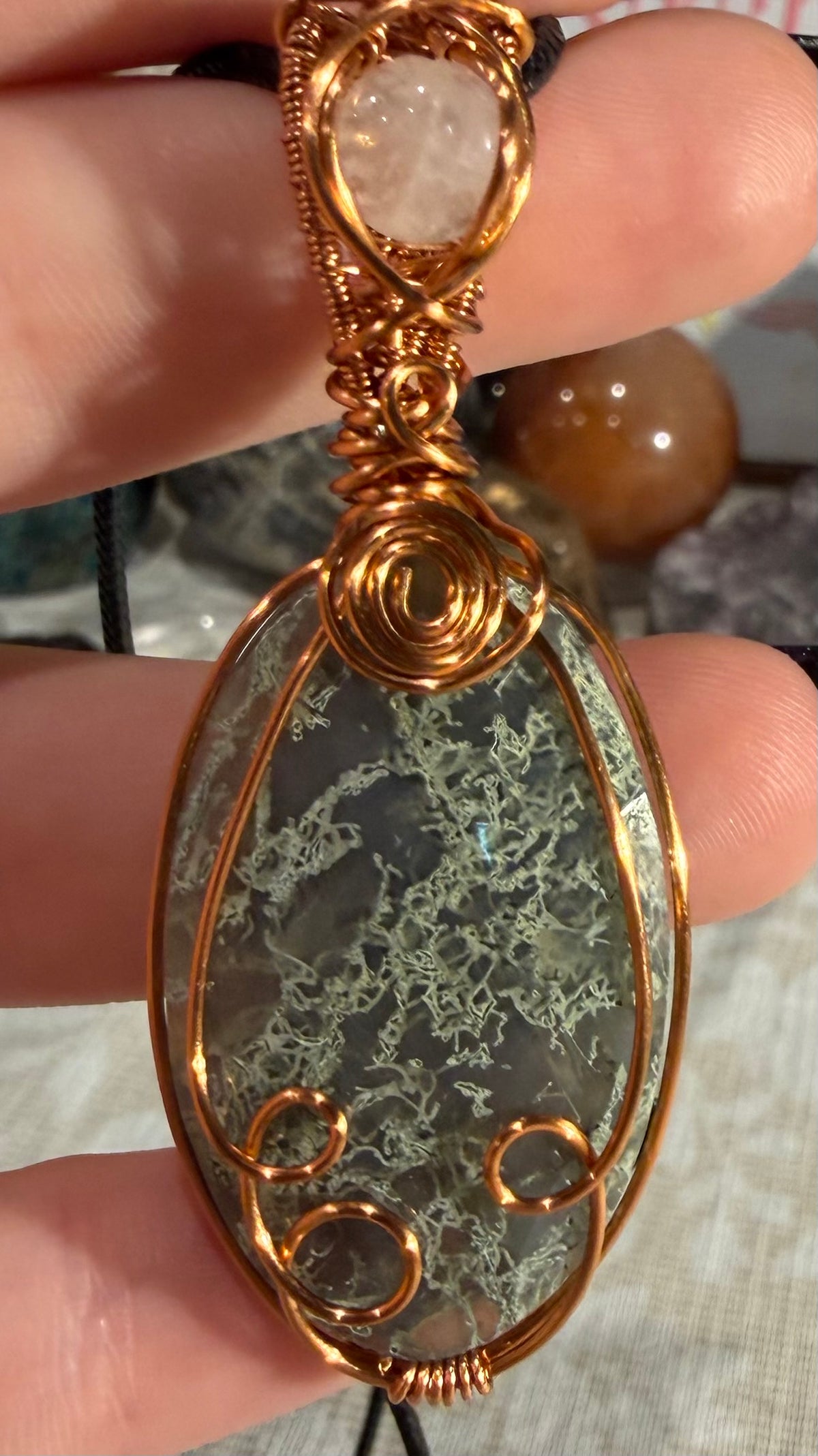 Moss Agate & Quartz copper wire-wrapped pendant