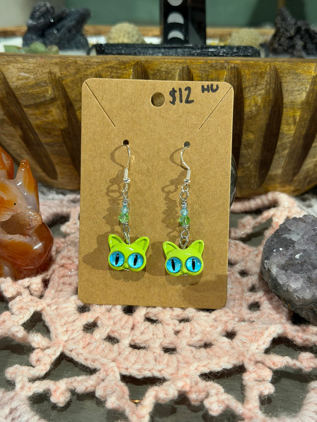 Blue Topaz & glass green cat head earrings
