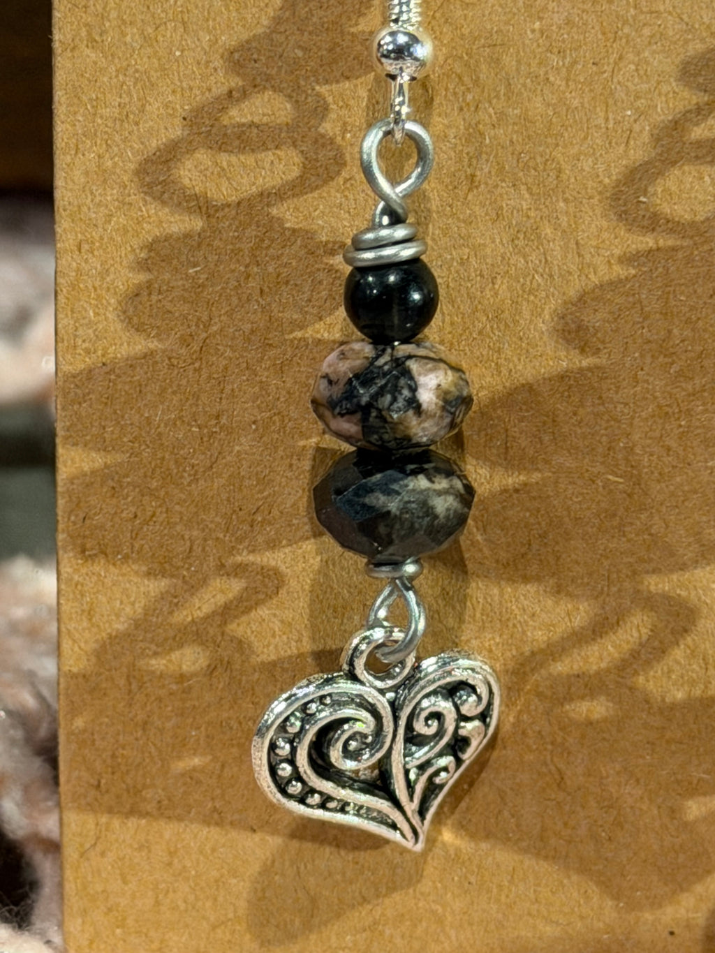 faceted Rhodonite & Black Agate heart earrings