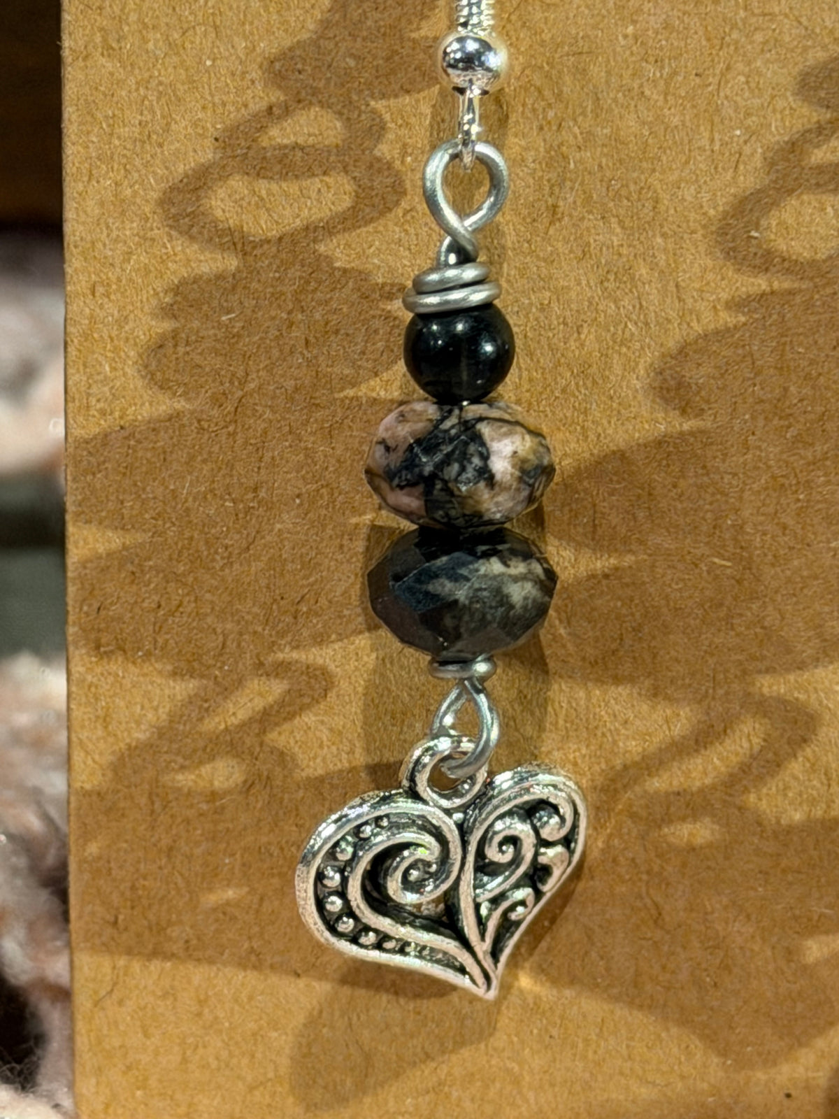 faceted Rhodonite & Black Agate heart earrings