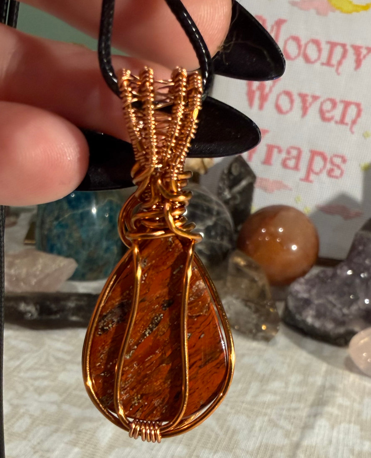 Red Brecciated Jasper & Herkimer Diamond copper wire-wrapped pendant
