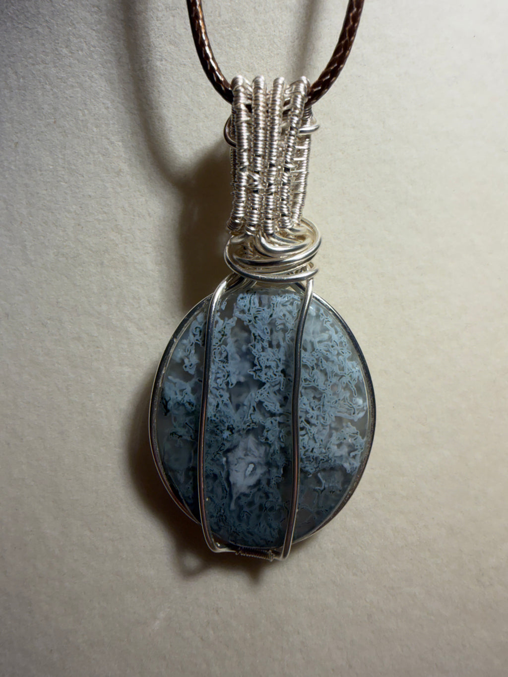 Faceted Moss Agate & Herkimer Diamond silver-tone copper wire-wrapped pendant