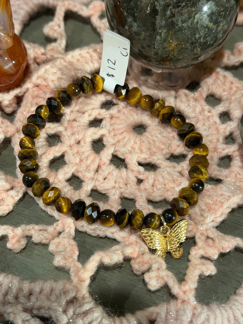 faceted Tiger's Eye 7-inch stretchy bracelet with butterfly charm