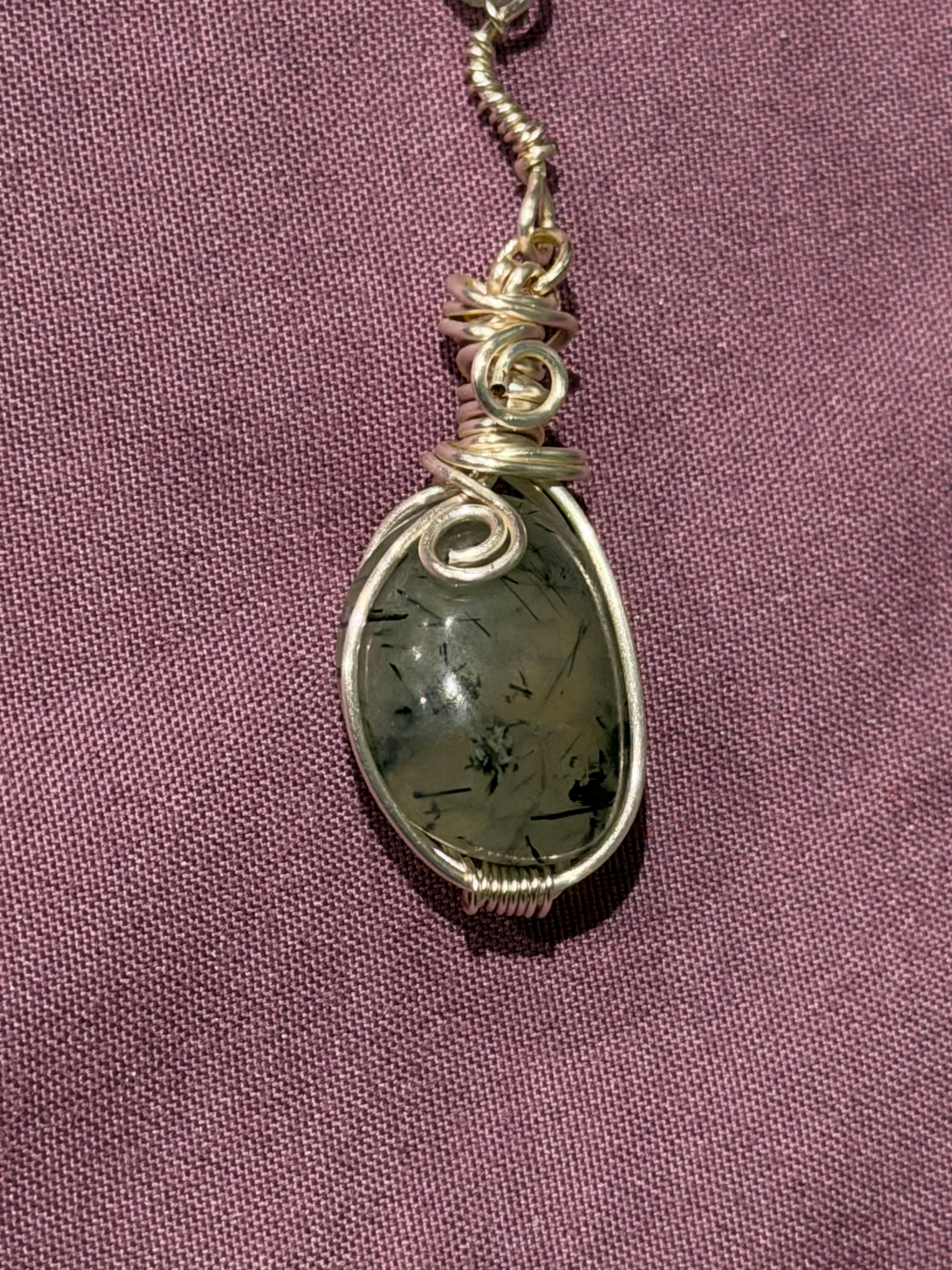 Prehnite silver-tone copper wire-wrapped keychain/purse charm