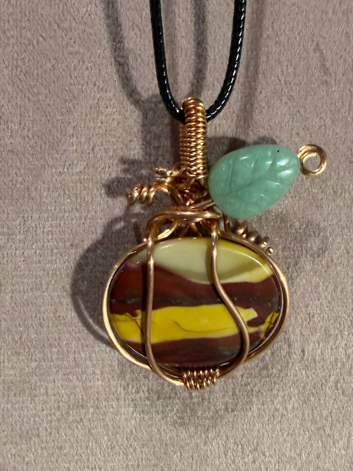 Mookaite Jasper & Green Aventurine copper wire-wrapped pumpkin pendant