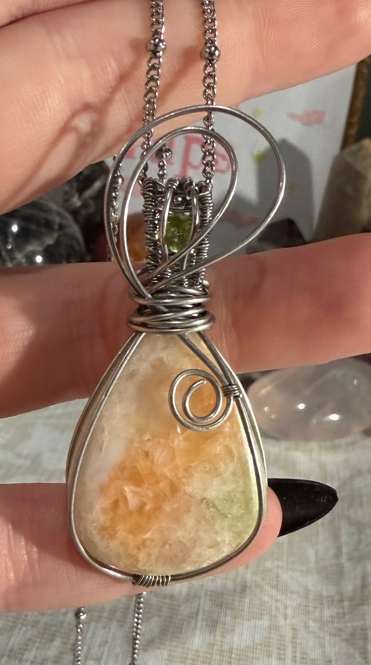 Green Apophylite w/ Peach Stilbite & Peridot stainless steel wire-wrapped pendant