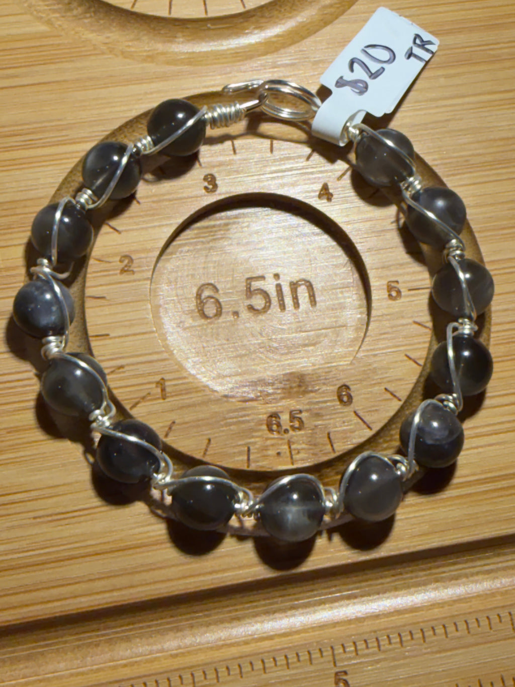 Gray Moonstone 6.5 inch silver-tone copper wire-wrapped bracelet