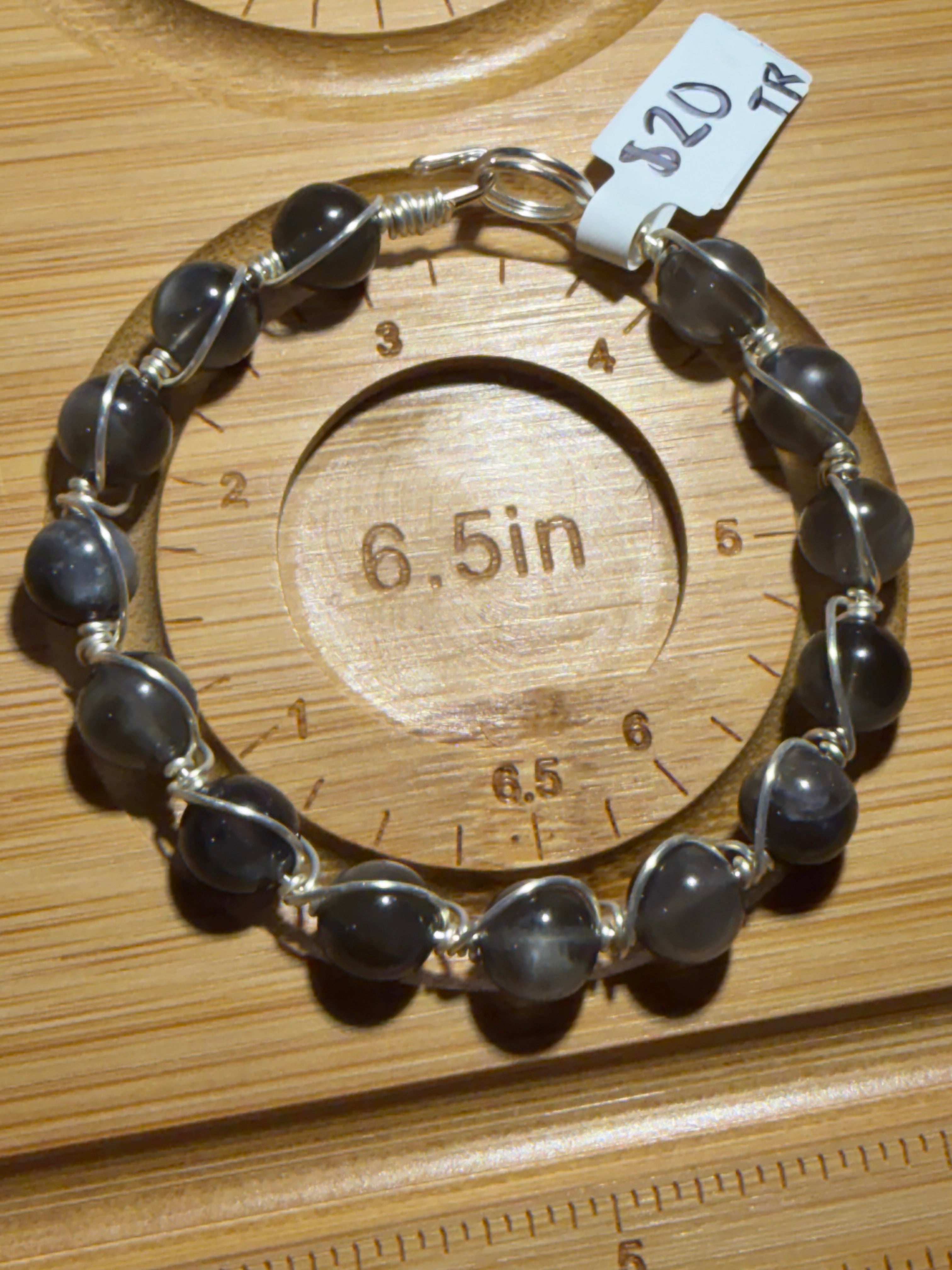 Gray Moonstone 6.5 inch silver-tone copper wire-wrapped bracelet
