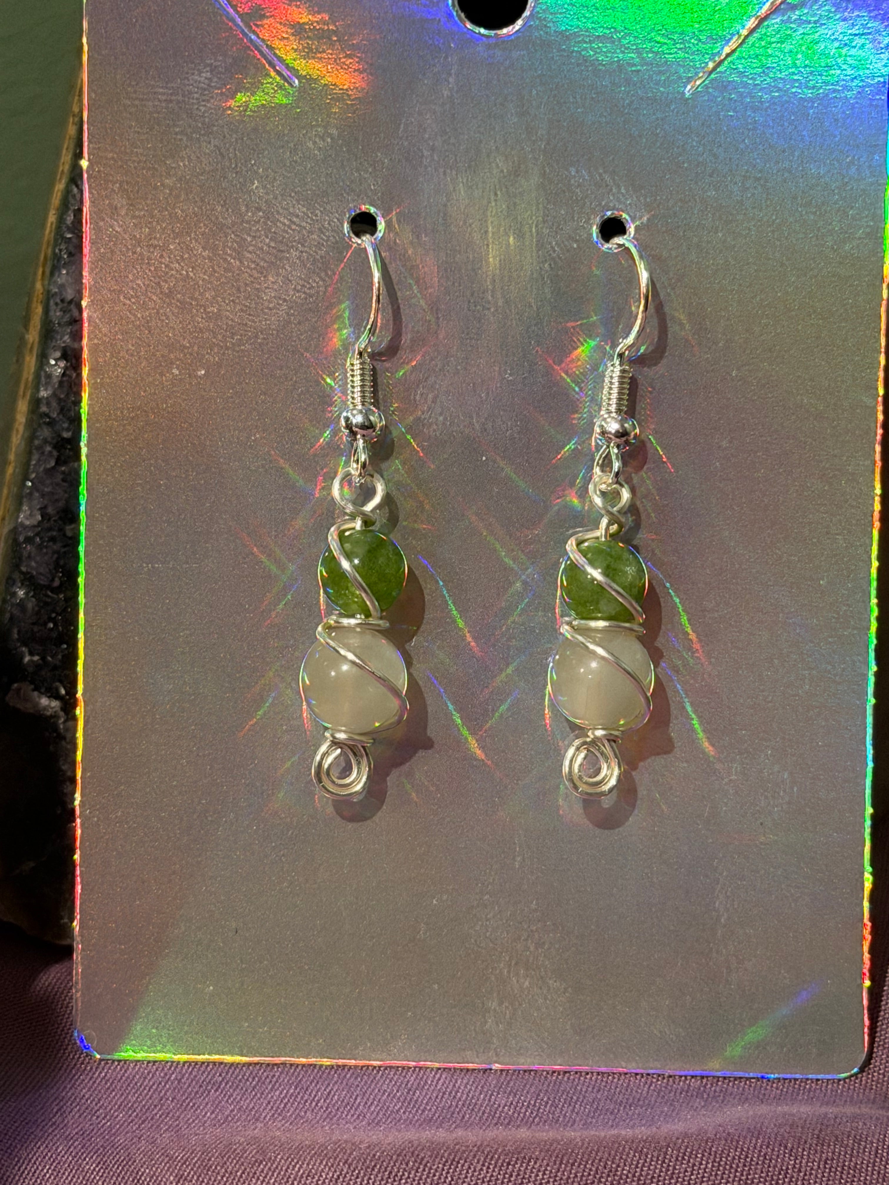 Peridot & Moonstone silver-tone copper wire-wrapped earrings