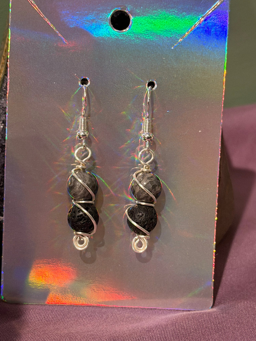 Picasso Jasper & Lava Stone silver-tone copper wire-wrapped earrings