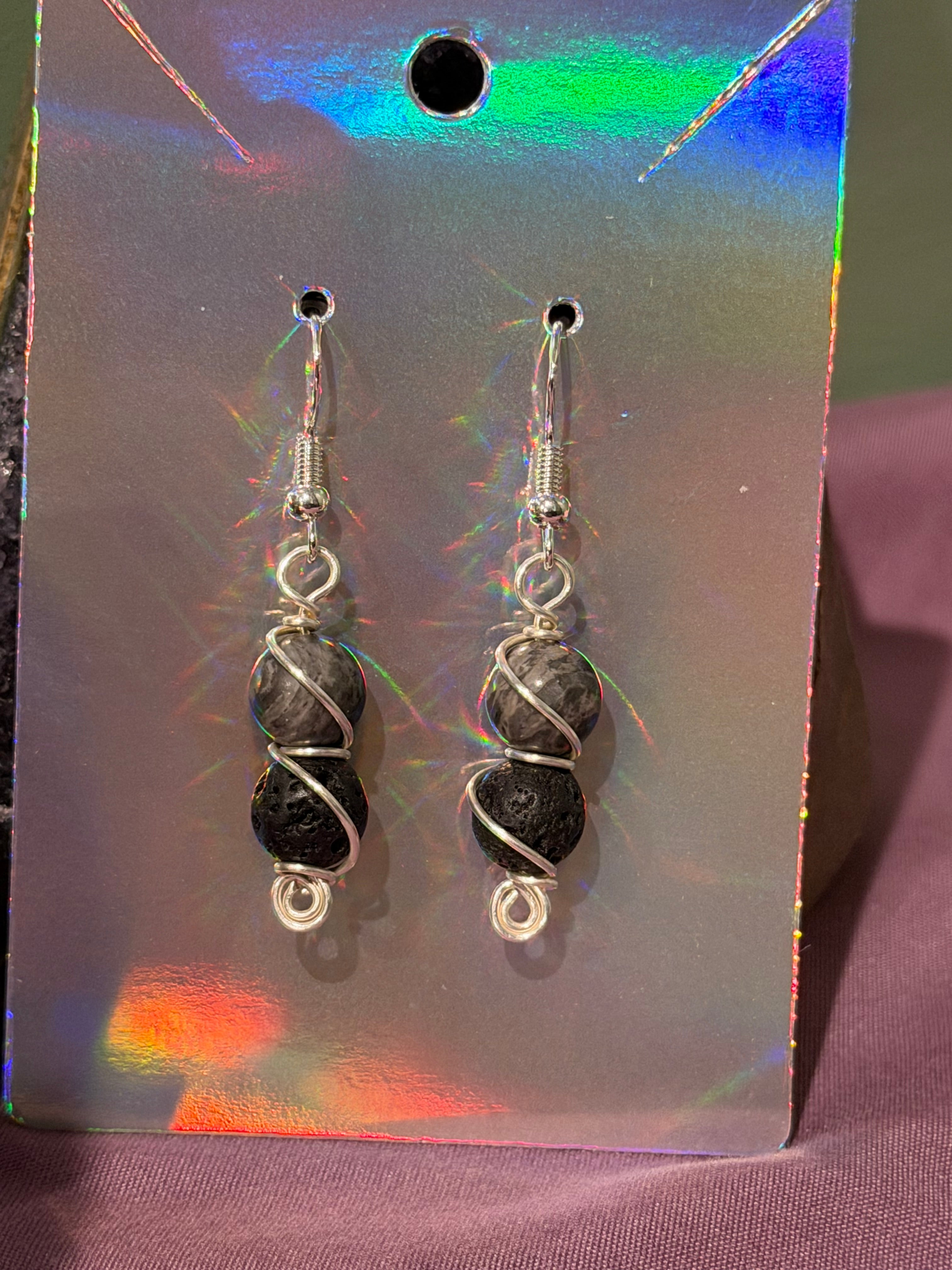 Picasso Jasper & Lava Stone silver-tone copper wire-wrapped earrings