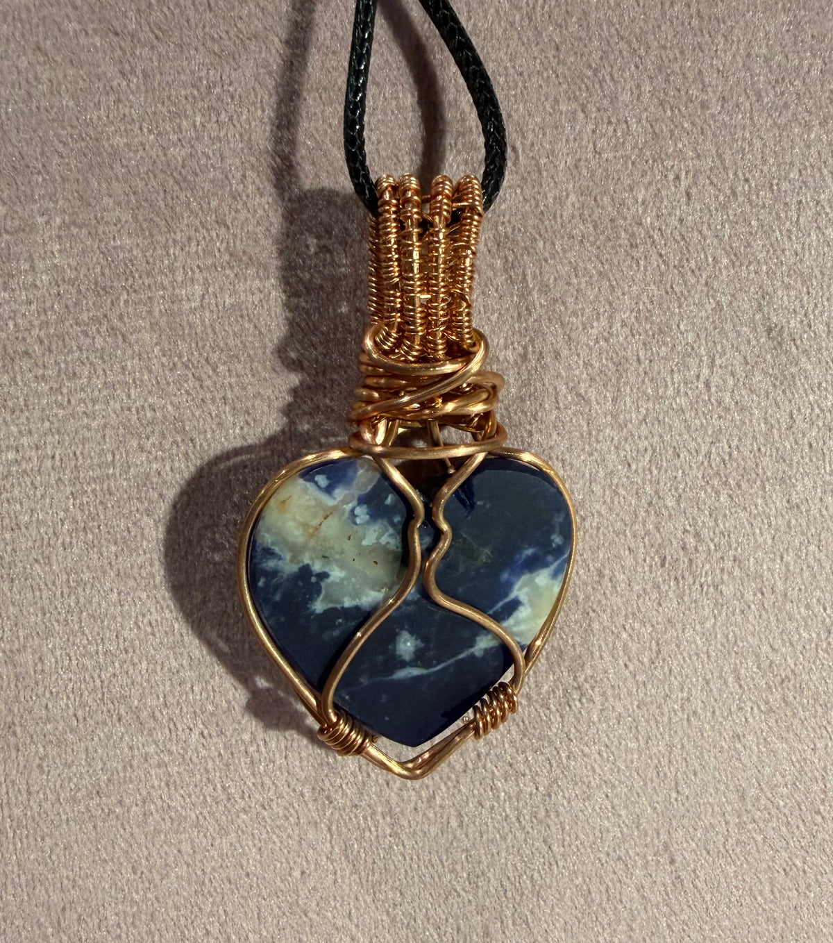Sodalite heart & white topaz copper wire-wrapped pendant