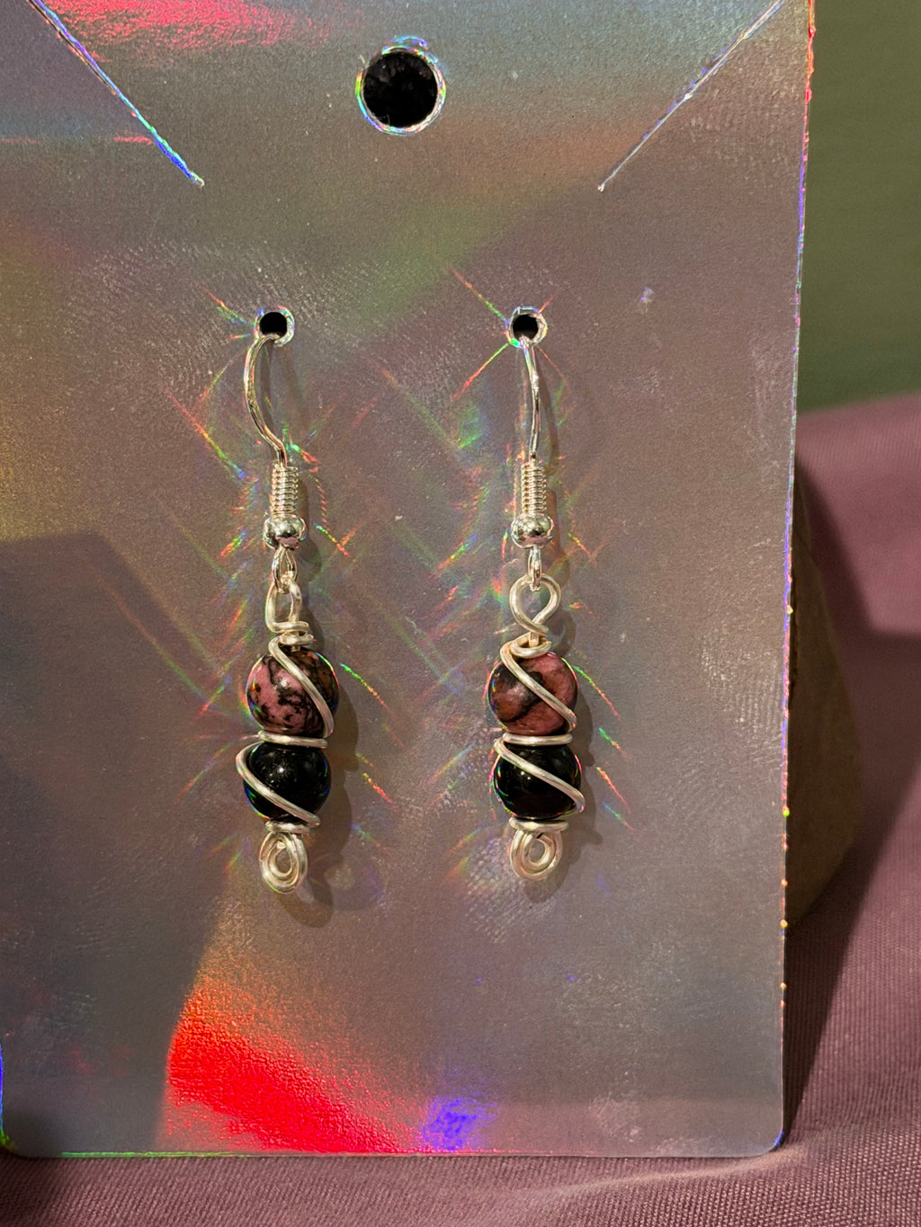 Rhodonite & Obsidian silver-tone copper wire-wrapped earrings