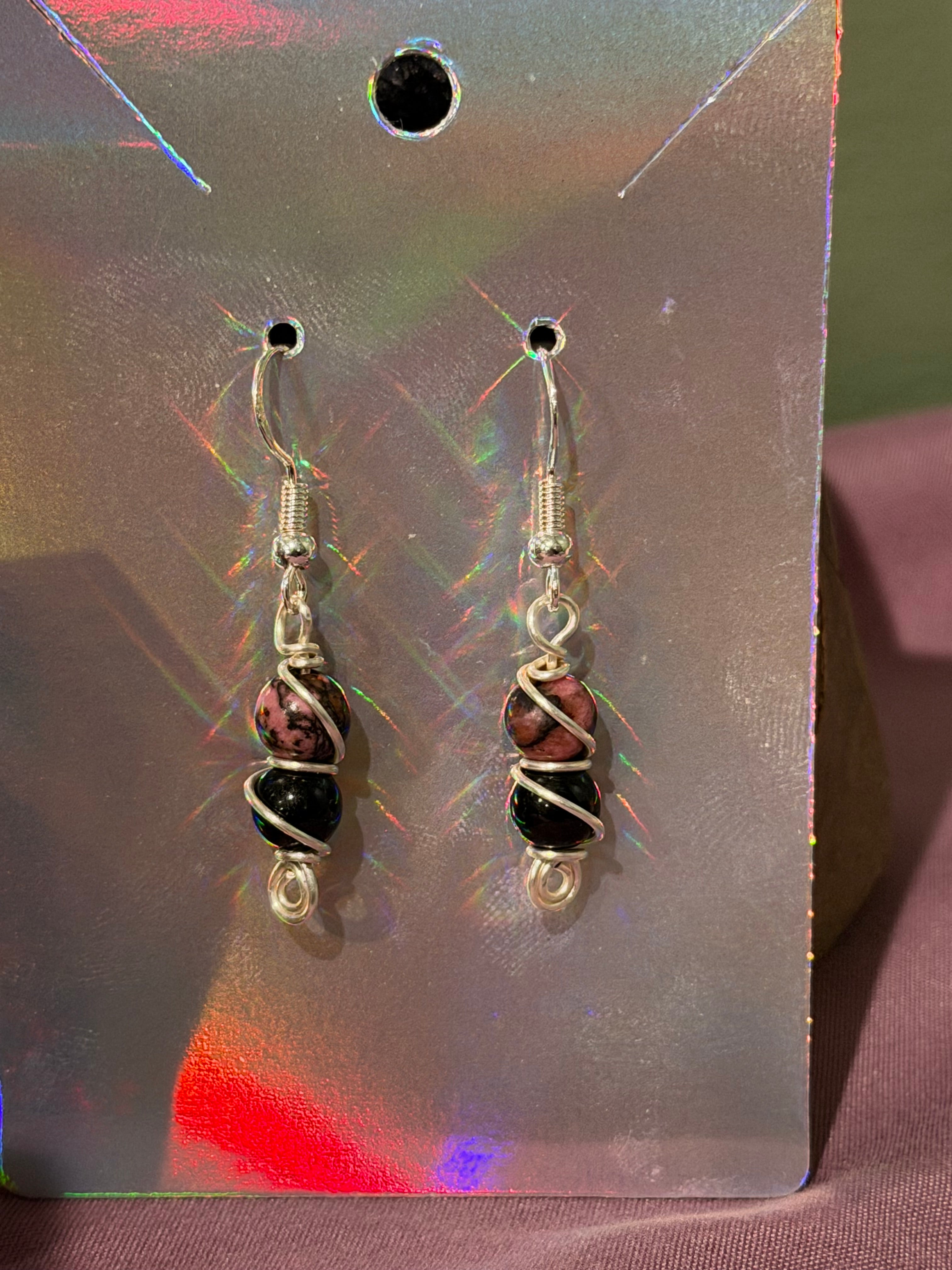 Rhodonite & Obsidian silver-tone copper wire-wrapped earrings