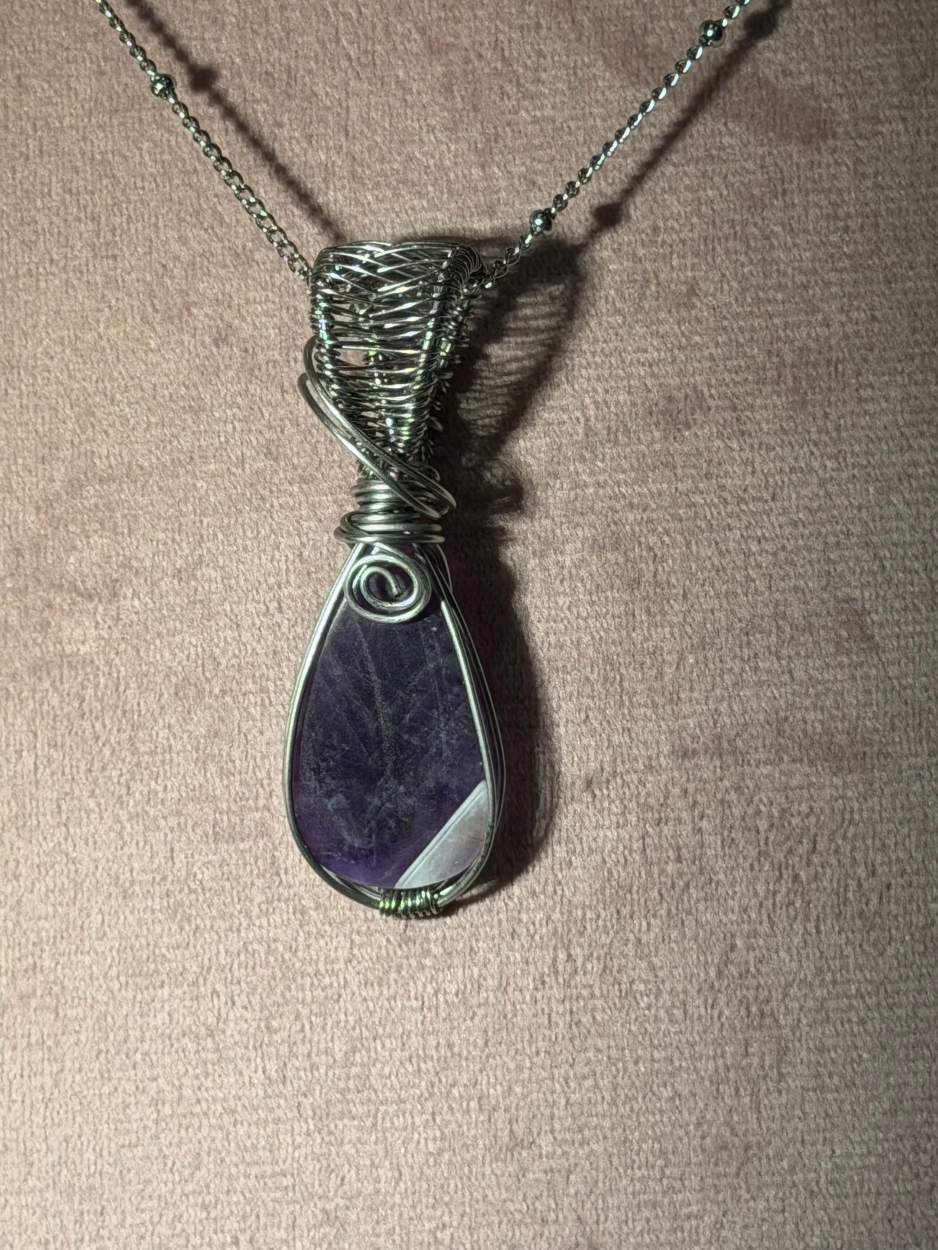 Amethyst stainless-steel wire-wrapped pendant