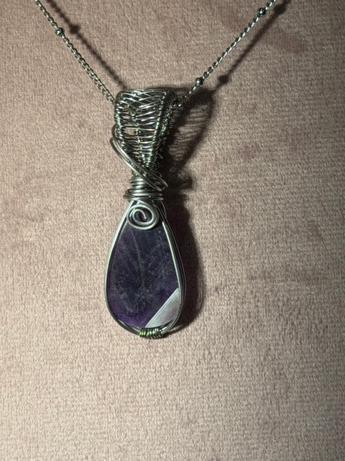 Amethyst stainless-steel wire-wrapped pendant