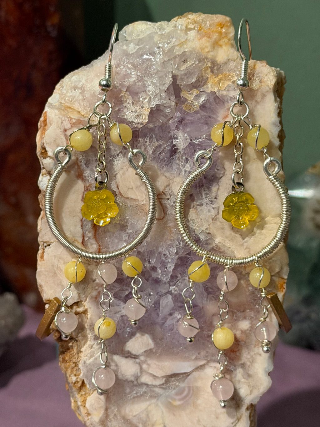 Yellow Jade & Rose Quartz yellow flower silver-tone copper wire-wrapped earrings